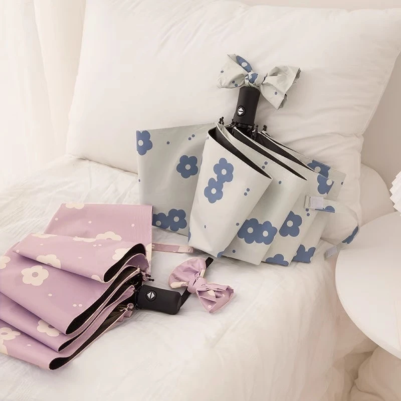 自动雨伞女小清新ins风花朵折叠学生黑胶防晒晴雨两用遮阳伞三折