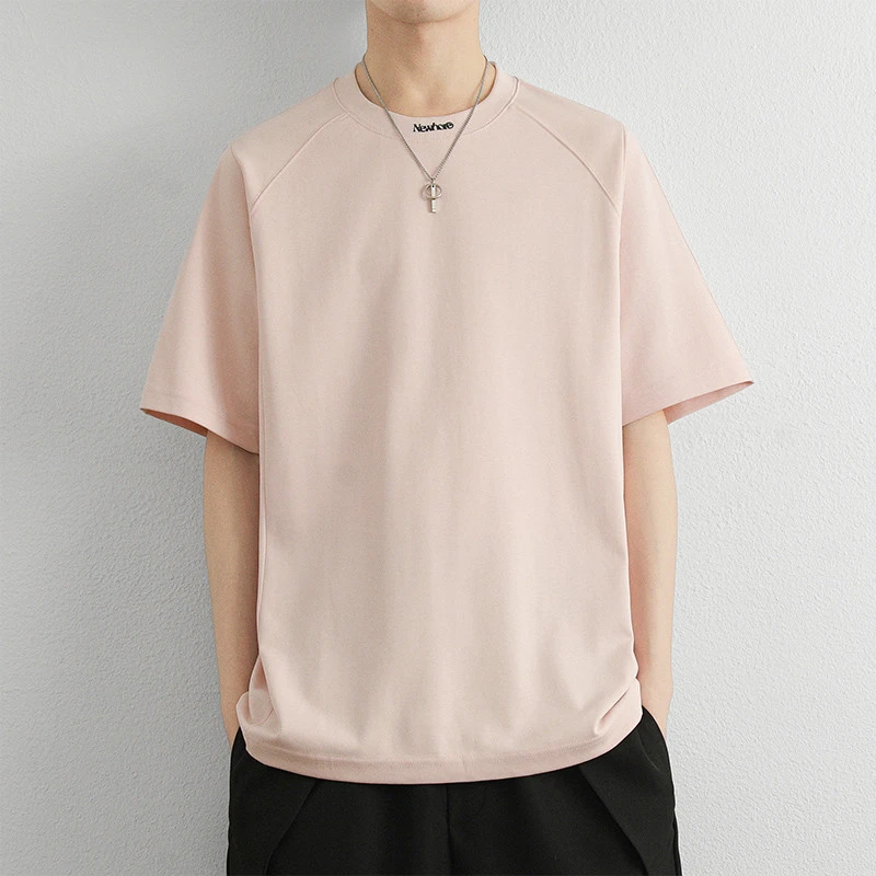 纯棉粉色短袖t恤男刺绣太空棉宽松男士半袖插肩上衣夏季2025新款