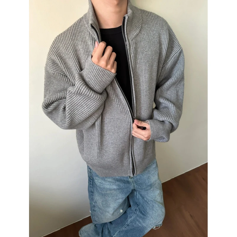 半高领拉链开衫毛衣男款春秋季慵懒风针织衫宽松休闲立领线衣外套