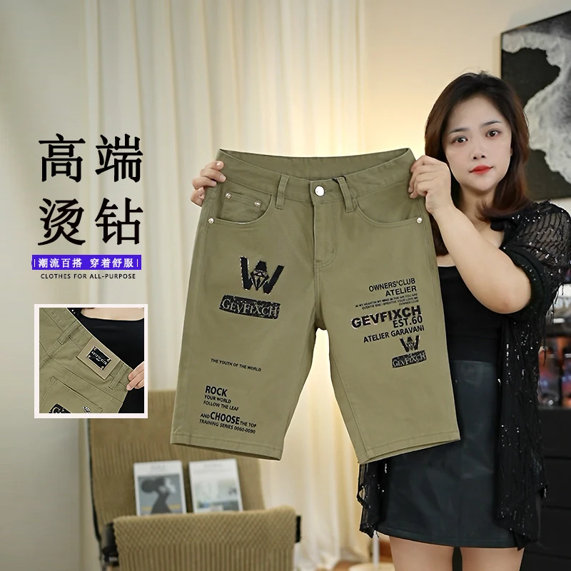 2025夏季卡灰色烫钻印花薄款男士牛仔短裤五分裤中裤欧美风时尚潮