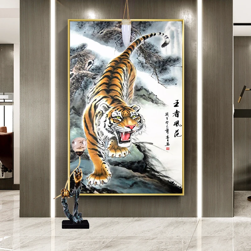 新款竖版玄关老虎下山虎满钻全贴魔方圆钻石画卧室客厅手工贴钻