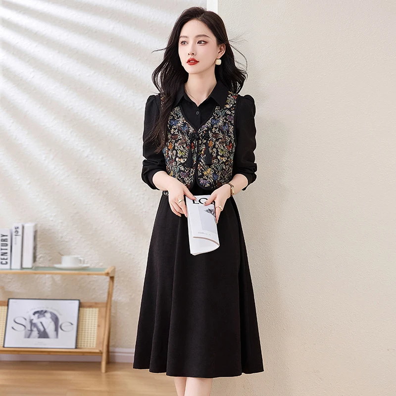 2025秋新气质时尚新中式风翻领收腰显瘦连衣裙印花马甲设计高