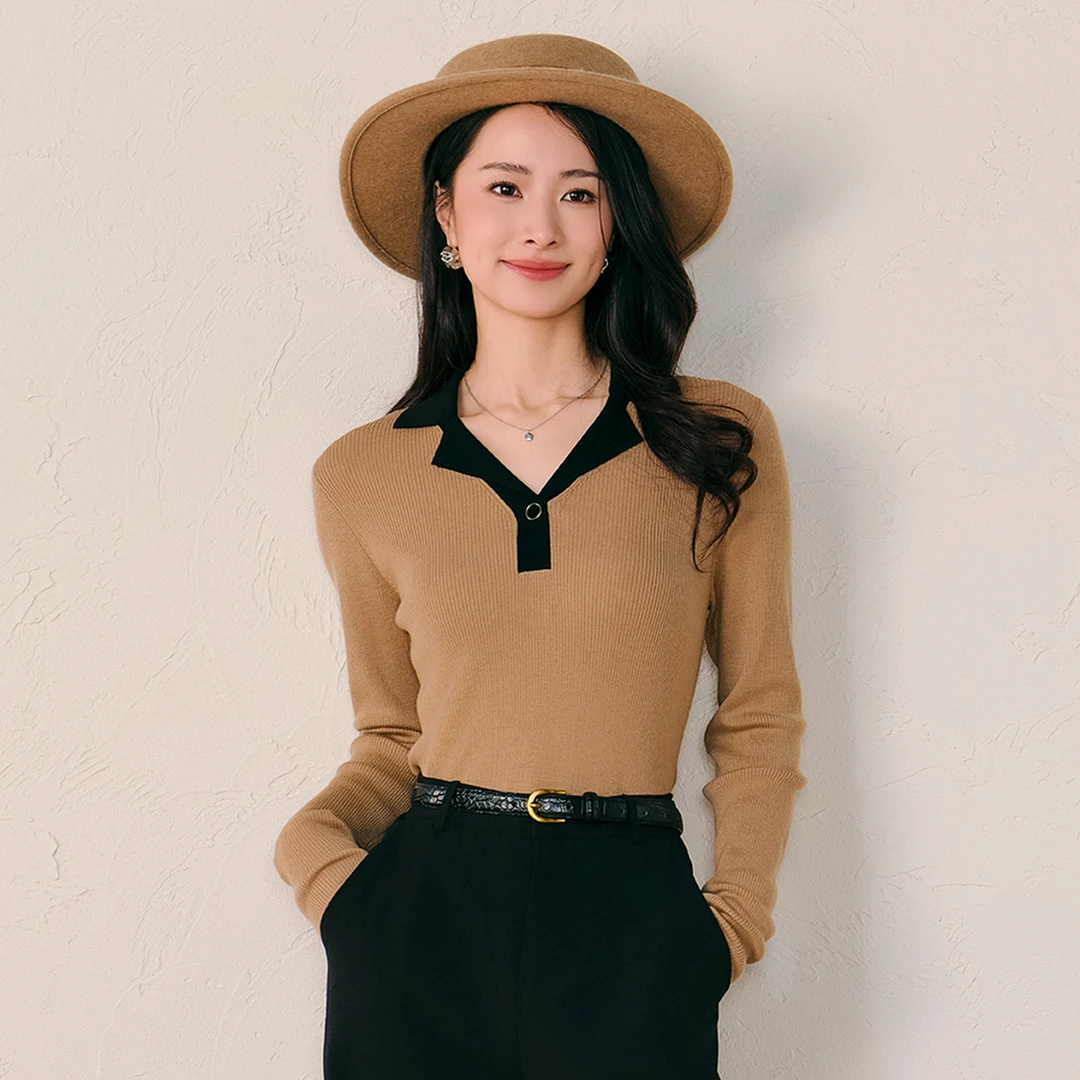 春竹绵羊毛撞色翻领毛衣显瘦休闲气质百搭时尚女针织套衫打底衫