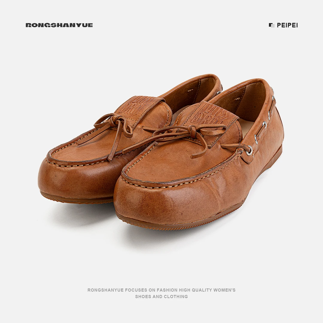 Rongshanyue蝴蝶结乐福鞋女2025新款一脚蹬马皮豆豆鞋小皮鞋B1434