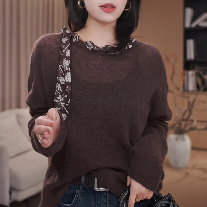 时尚轻熟风复古圆领套头毛衣设计感飘带宽松休闲长袖针织衫秋冬季