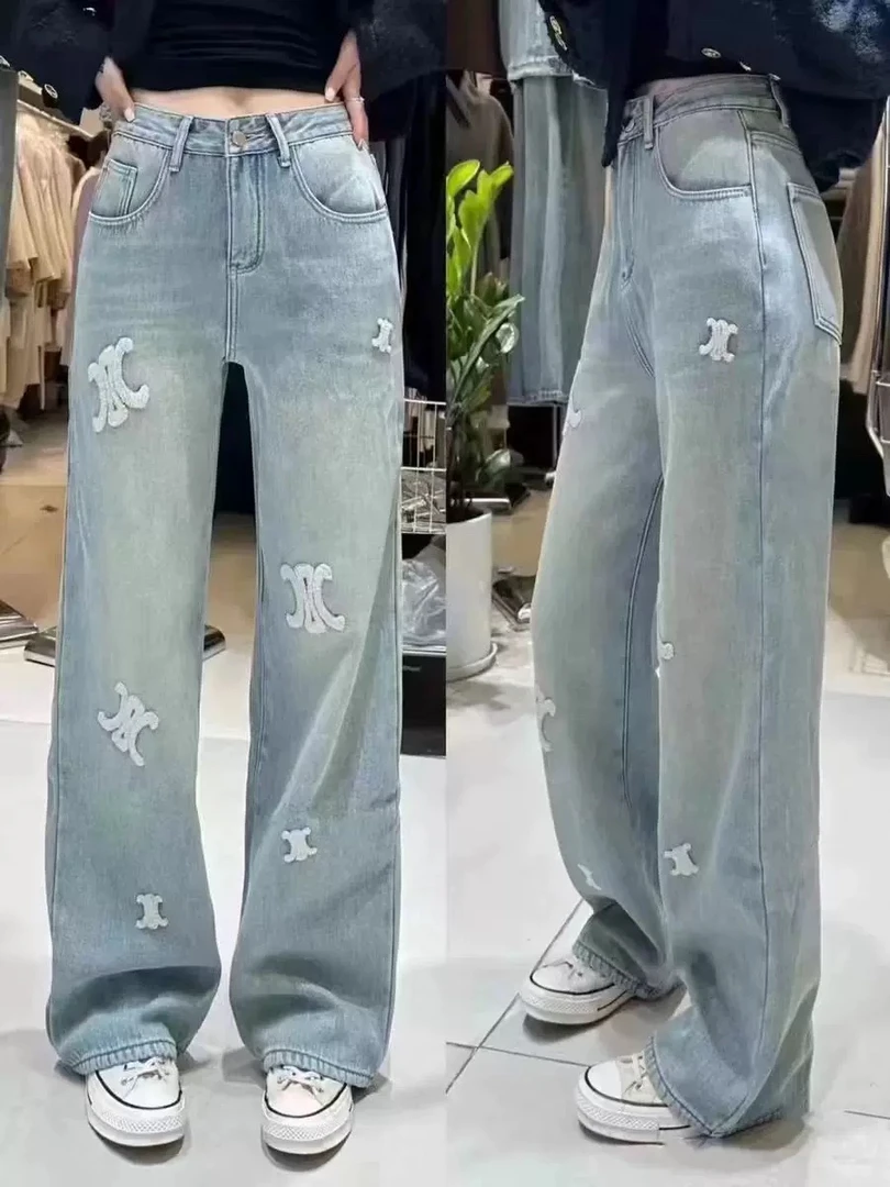 潮牌凯旋门植绒logo牛仔裤女2024新款垂感休闲直筒裤高腰宽松长裤
