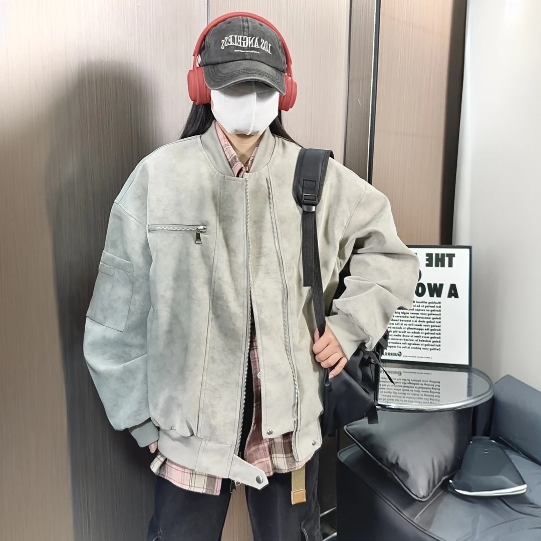 春季高级感美拉德水洗皮衣外套男女同款美式宽松棒球服潮流夹克男