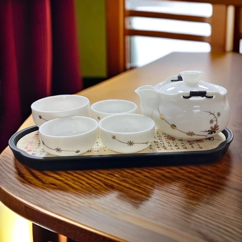 A430中国风羊脂玉白瓷快客杯一壶四杯可悬停旅行茶具便携式手抓壶