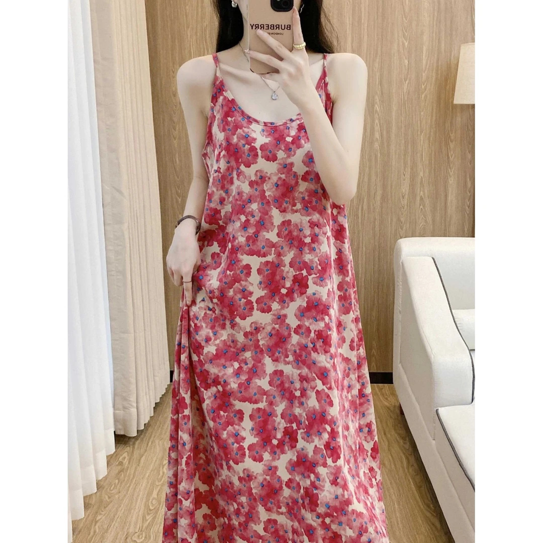 【清仓】2025年夏季新款碎花红色妖姬吊带连衣裙气质时尚印花无袖连