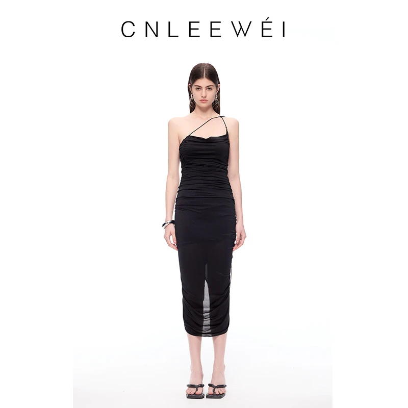 CNLEEWEI2025年夏季新款纯欲风优雅褶皱气质吊带连衣裙女长裙