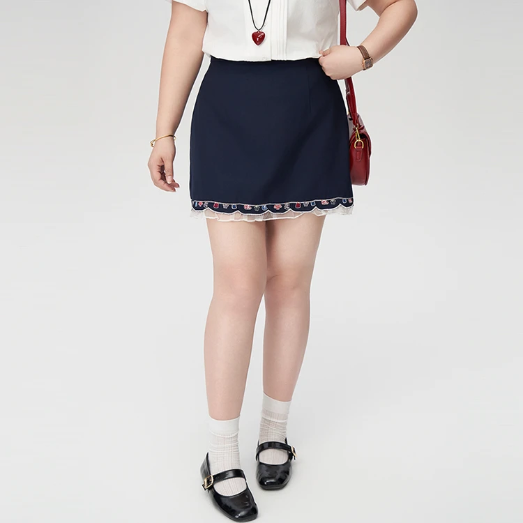 现货【藏青夏意】大头婷丫丫微胖夏季半身裙重工绣花高腰西装A字裙