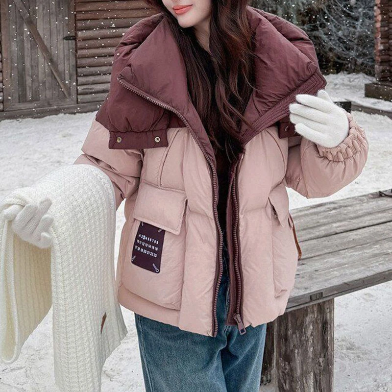 2025新款短款韩版宽松连帽棉服撞色拼接设计感外套女士