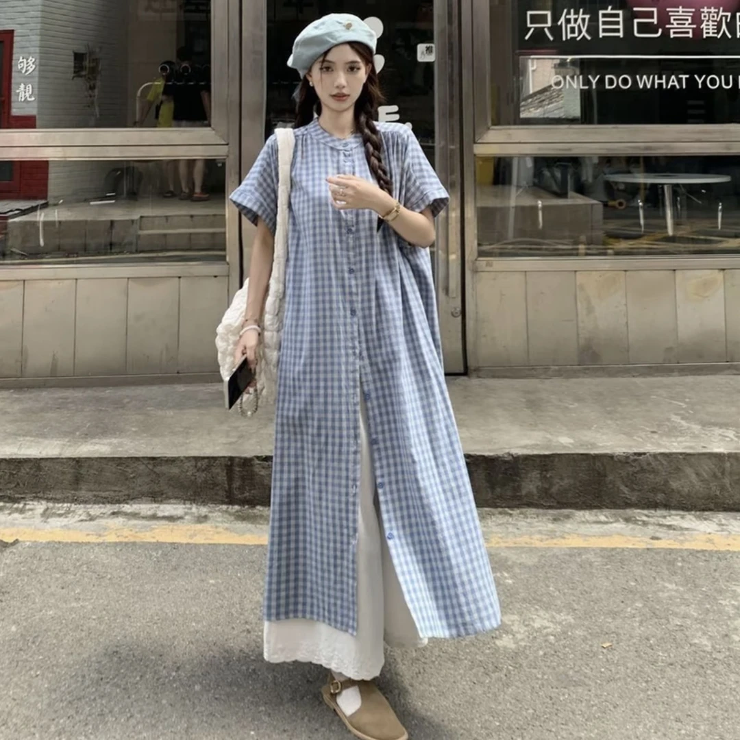 复古撞色格纹立领宽松百搭短袖衬衫裙+宽松休闲长裤套装