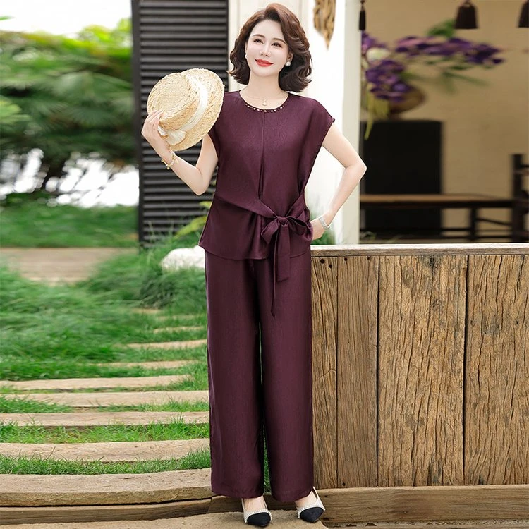 中年妈妈夏装洋气纯色套装2025年新款中老年女装休闲时尚外套妈妈