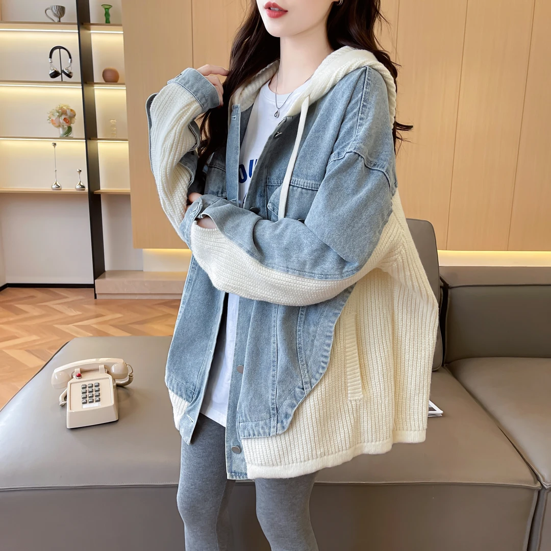牛仔拼接连帽针织开衫外套女2025秋冬新款宽松小众设计感休闲上衣
