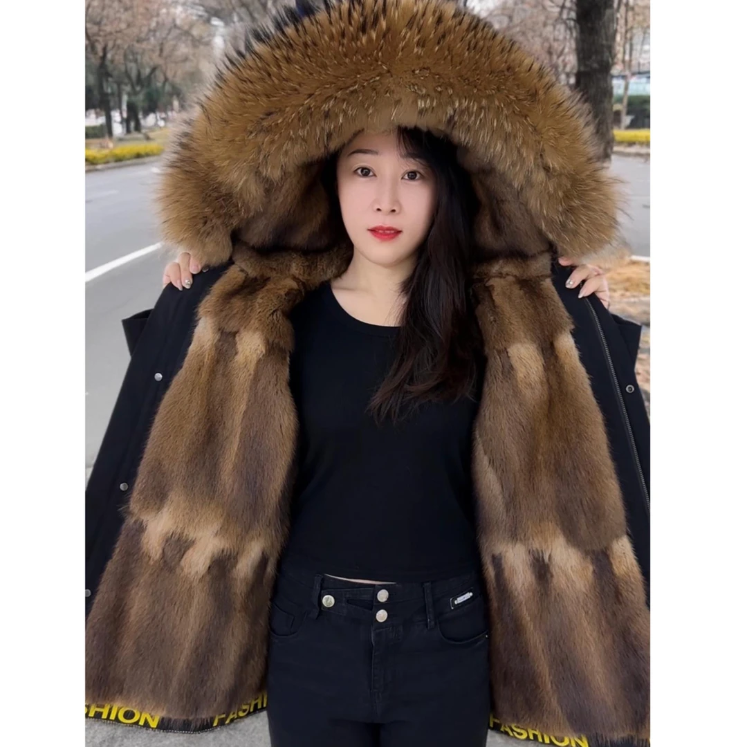 ｛升级加厚｝派克服男士貂内胆秋冬新款皮毛一体大衣中长款保暖外套
