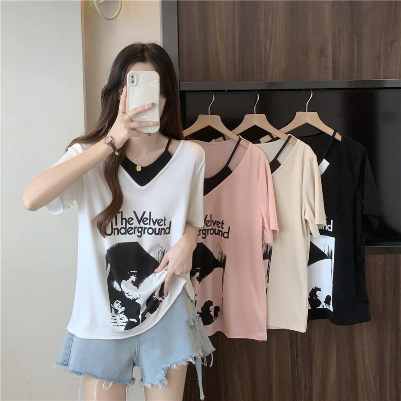 M大码设计感别致假两件显瘦上衣夏季微胖mm洋气减龄短袖正肩女T恤