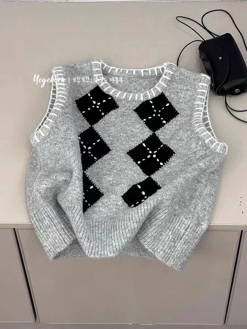 儿童秋冬新款针织毛衣马甲背心韩版宽松休闲卡通套头背心马甲坎肩