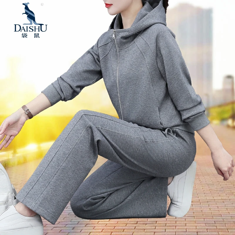 袋鼠休闲运动服套装女2025新款妈妈春装时尚洋气连帽卫衣两件套