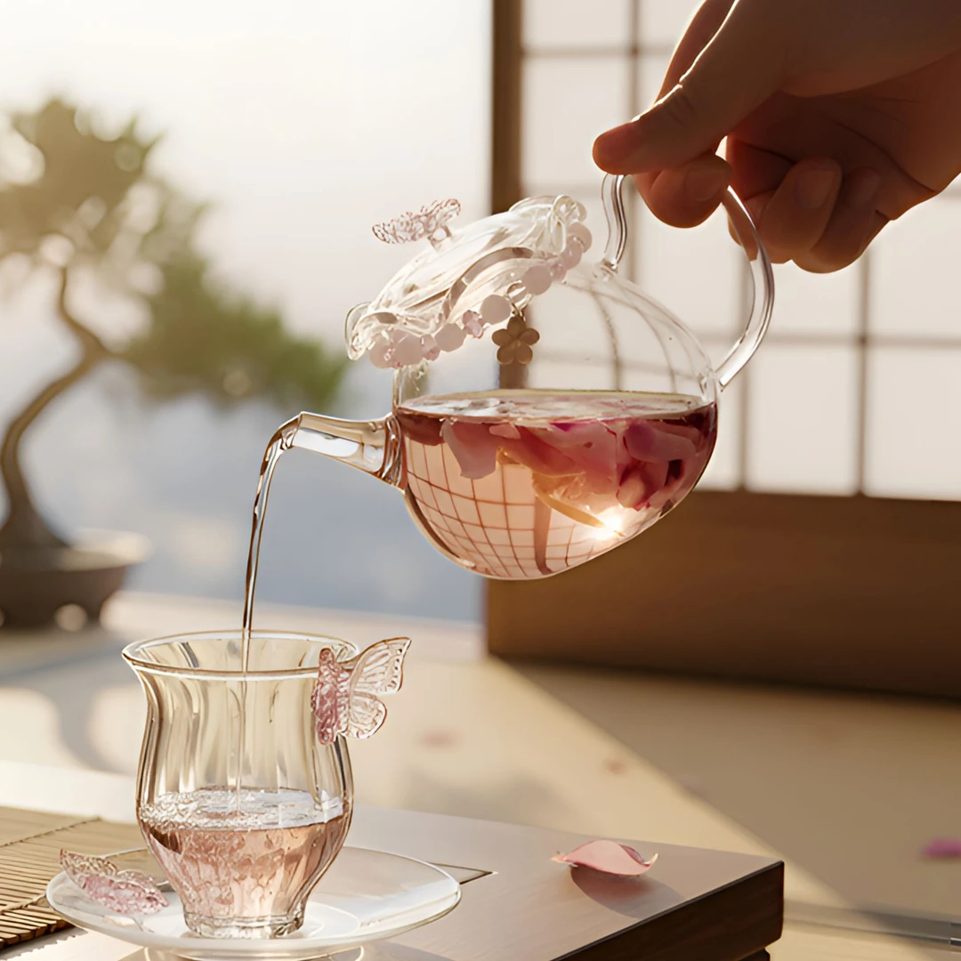 小蝴蝶花口壶350ml高硼硅耐高温加厚玻璃茶壶泡茶专用茶壶泡茶