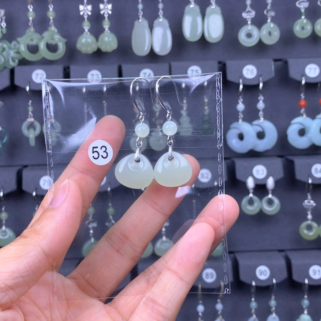 和田玉耳饰银S925镶嵌田*乐