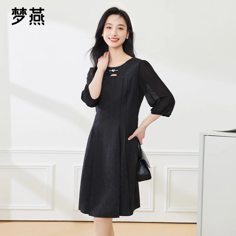 梦燕春秋女士气质显瘦黑色收腰时尚连衣裙百搭优雅长裙AB02B5500