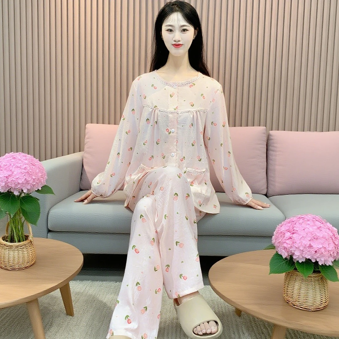 女士睡衣春秋云朵棉长袖家居服不带胸垫冬季大码薄款套装外穿Y171