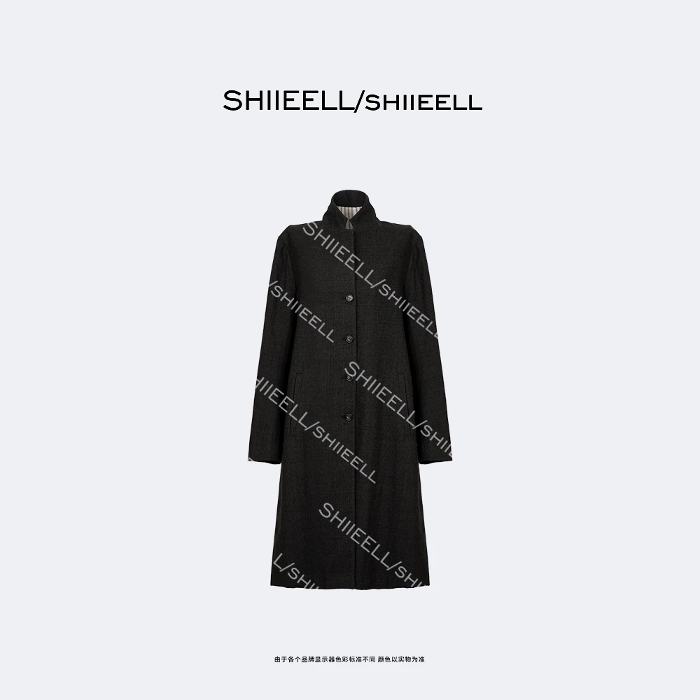 SHIIEELL【松柏书院】重磅羊毛棉混纺暗纹千鸟格长款大衣WY605