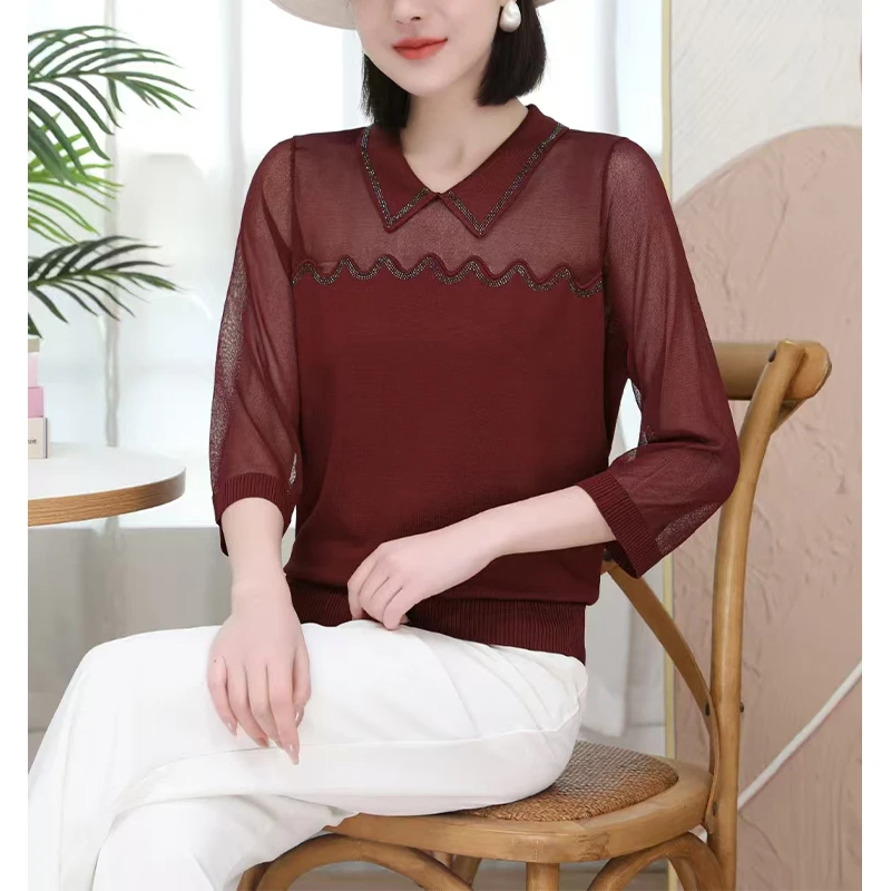 洋气女士七分袖娃娃领镂空春夏季拼接薄针织衫大码高档气质妈妈装