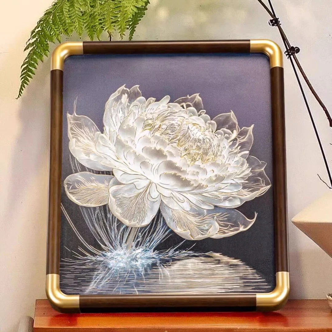 新中式荷花烫金肌理立体玄关走廊客厅玄关装饰画荷花