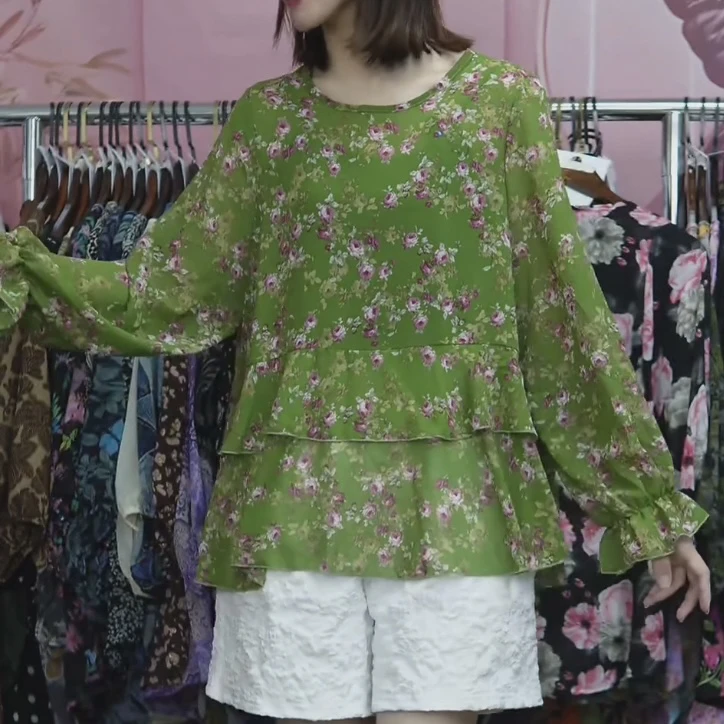 上衣女薄款荷叶边珍珠纱微透长袖小衫上衣宽松百搭女士