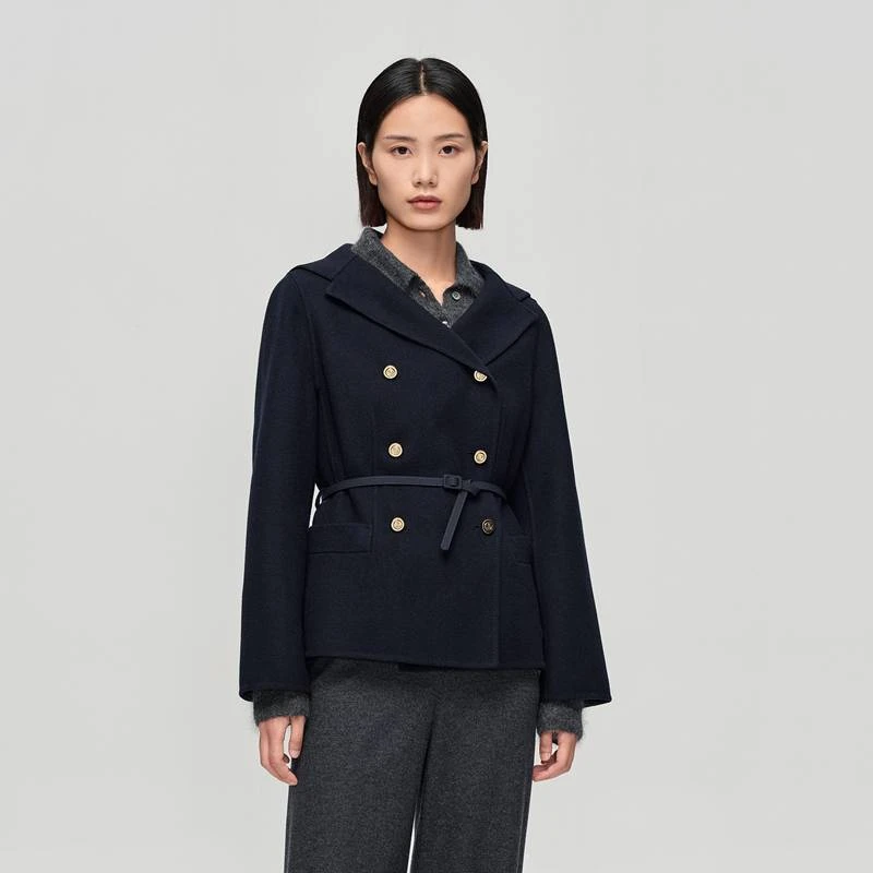 OVV秋冬新款女装经典海军领复古双排扣配腰带短款大衣GWDAJ43114A