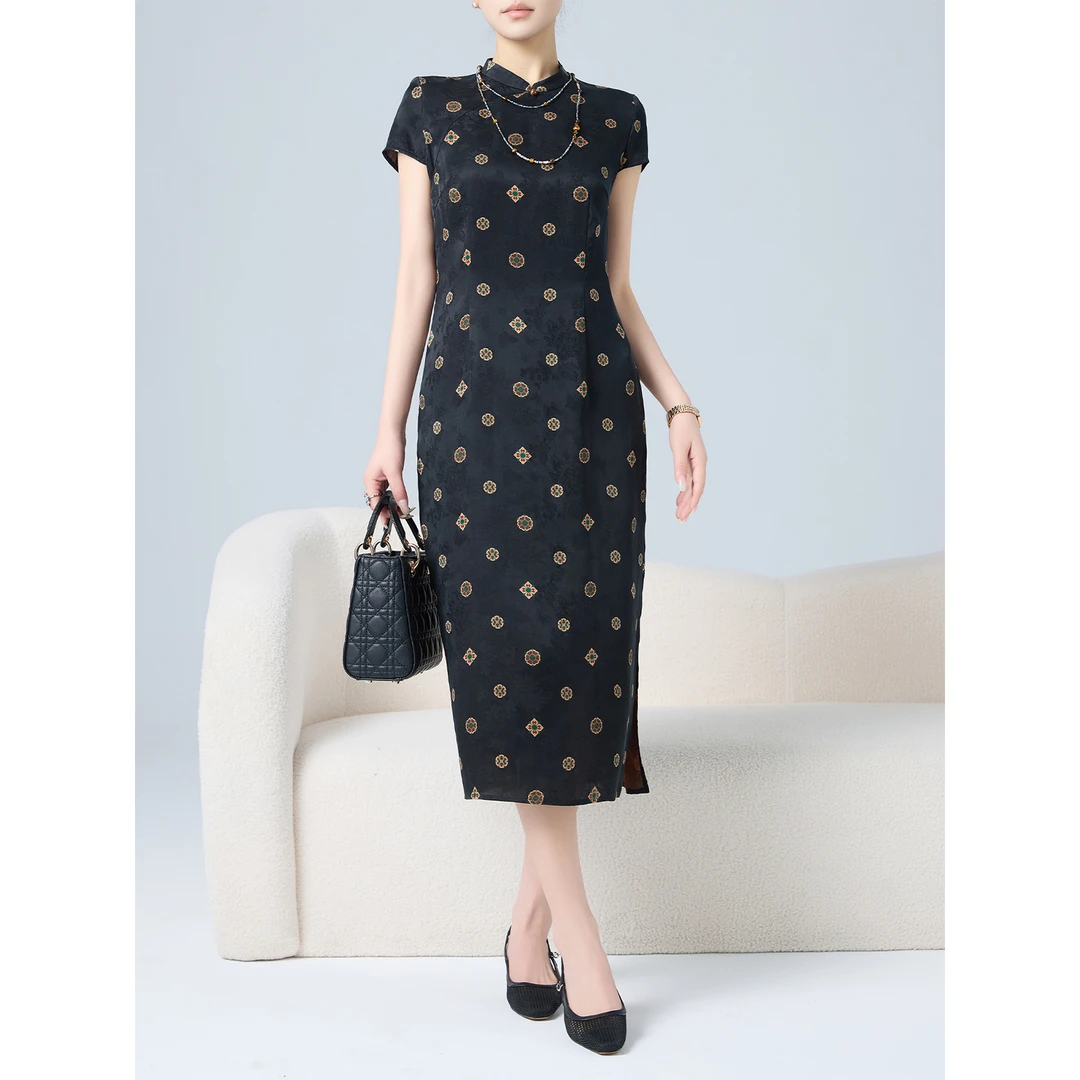 老敏哥 宝相花100桑蚕丝【23mm香云纱】旗袍连衣裙S05236985-2