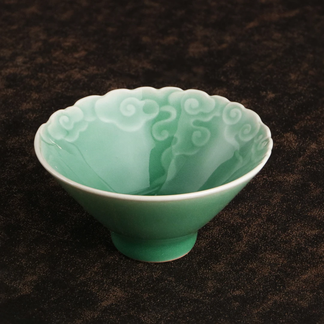 境秋青瓷花纹款磁吸陶瓷色釉手绘斗笠杯主人杯小杯茶杯家用