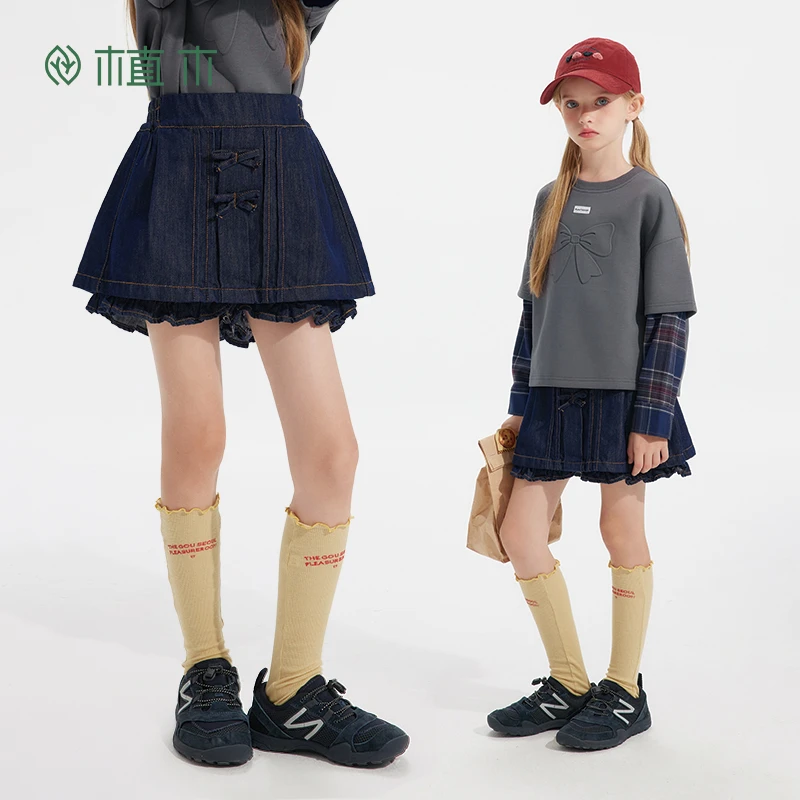 【爸爸的朋友圈】植木童装女童裙子中大童甜酷假两件裙裤牛仔半裙