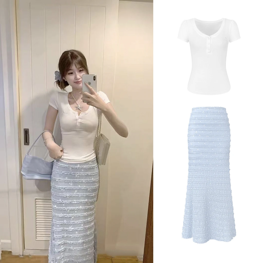 【悸动花影】层次感木耳边长款包臀半身裙C 8672