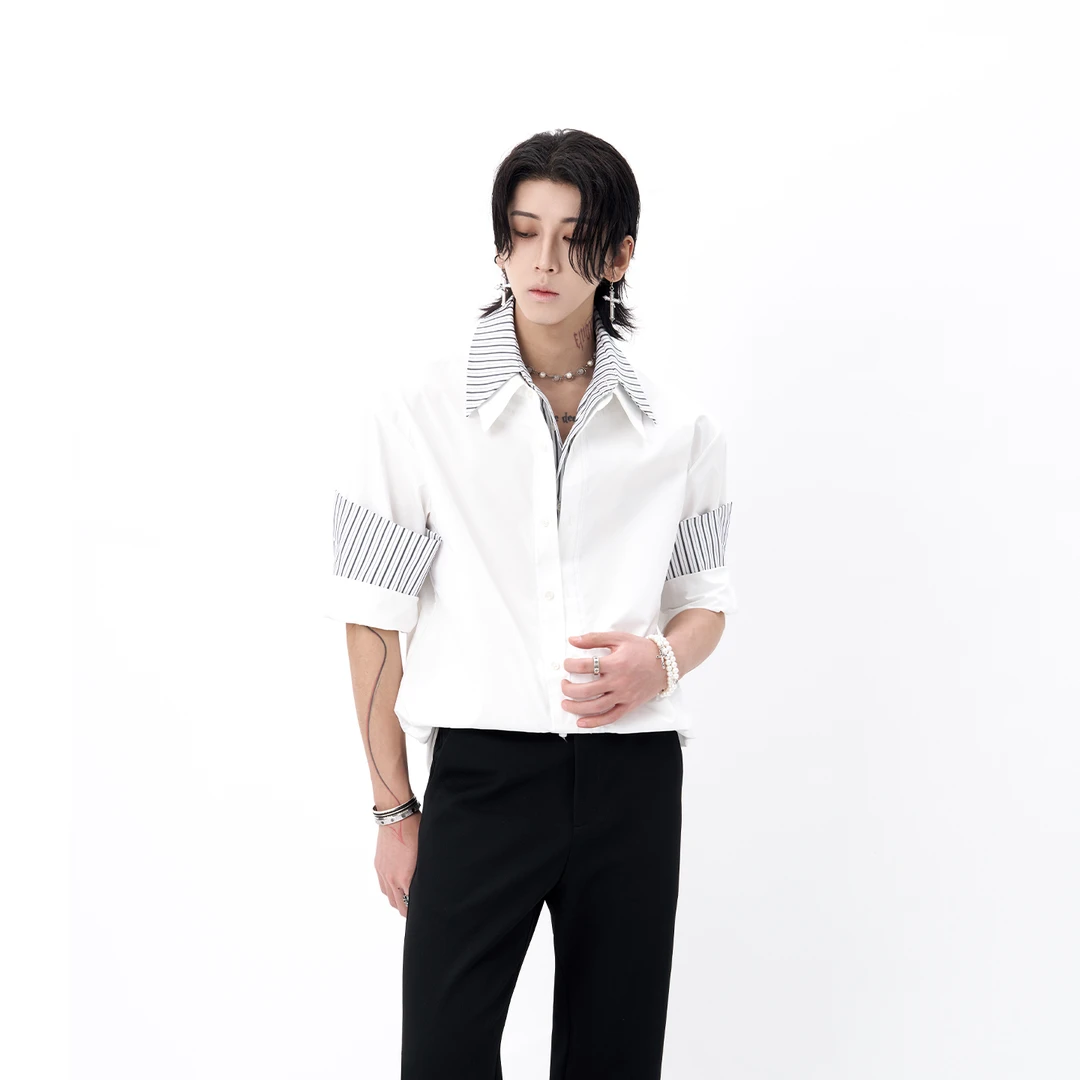 HARH“粼光错白”小众条纹撞色衬衫假两件拼接设计感鱼骨垫肩衬衣