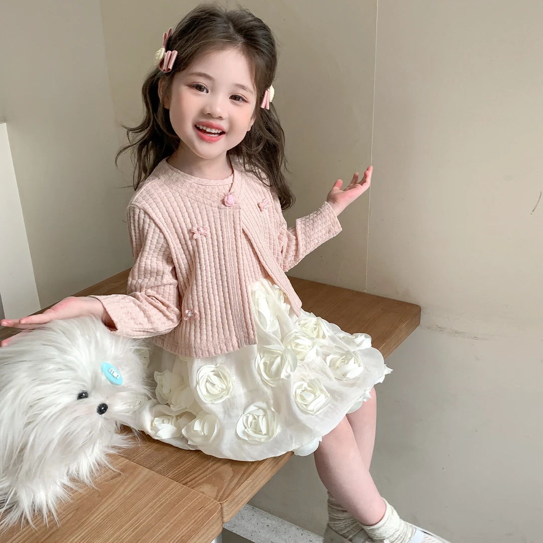 女童秋装连衣裙新款洋气宝宝花朵两件套春秋儿童公主裙开衫套装裙