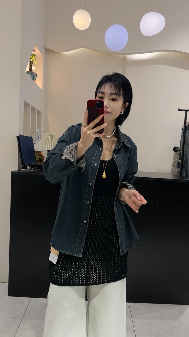 水洗软牛仔翻边条纹休闲衬衫外套