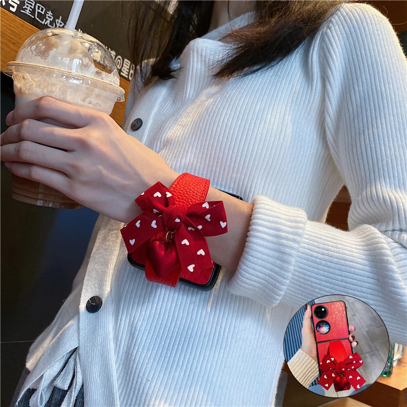 小众风红色爱心适用华为pocketS手机壳p50小折叠屏手腕带pocket2