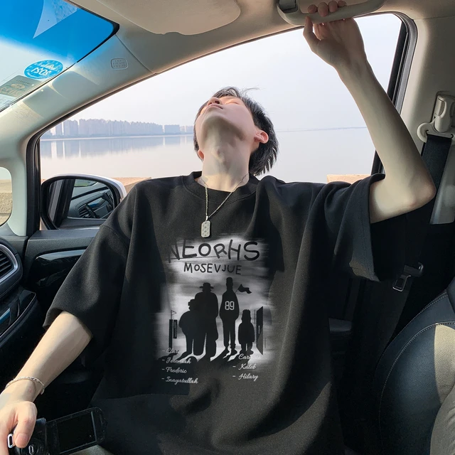 黑色t恤短袖男生夏季新款图案印花设计感高街痞帅潮流百搭五分袖