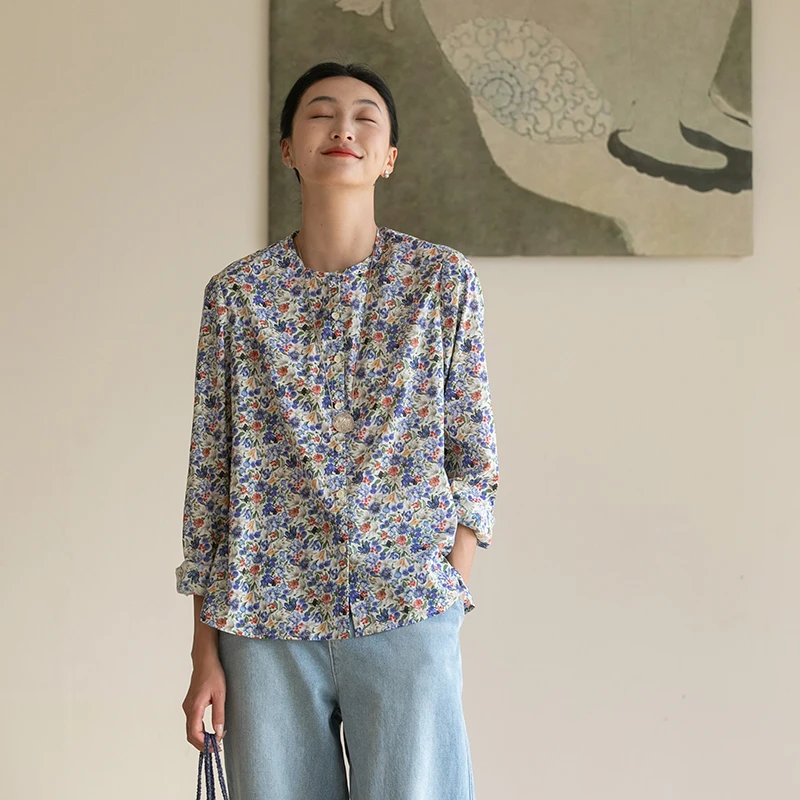 牧衣游原创重磅80支新疆棉印花布开襟衬衫休闲文艺碎花衬衣 霜枝
