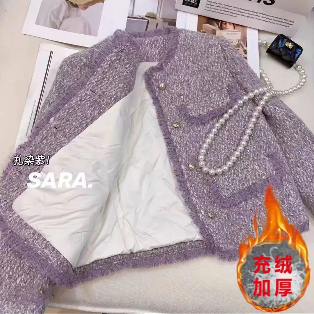 〖香芋紫〗加厚内胆小香风外套女冬加厚保暖粗花呢编织外套