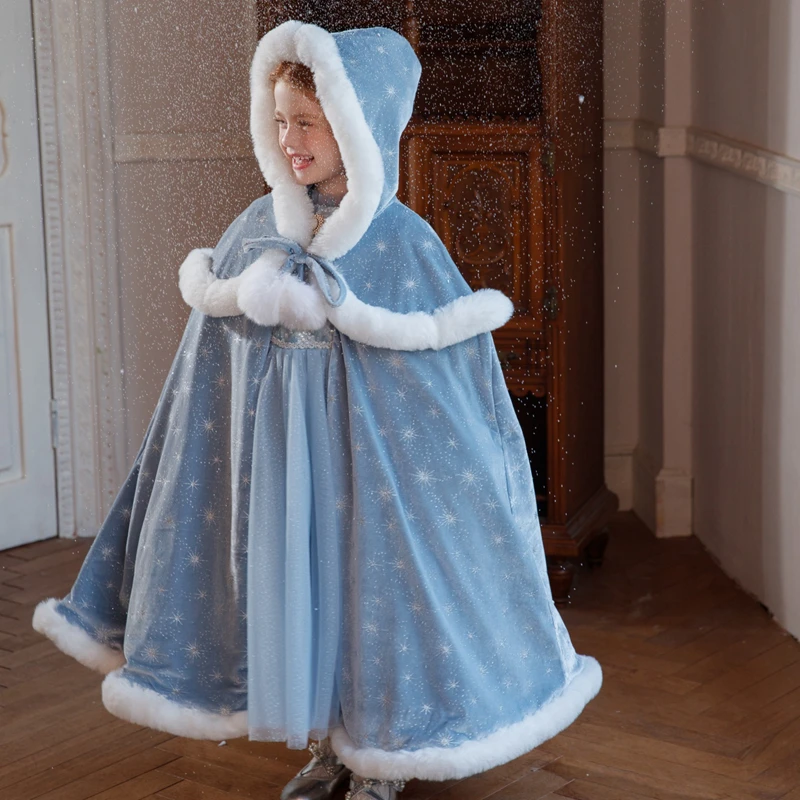 女童爱莎加绒加厚披风斗蓬公主裙套装冬季冰雪奇缘生日礼服连衣裙