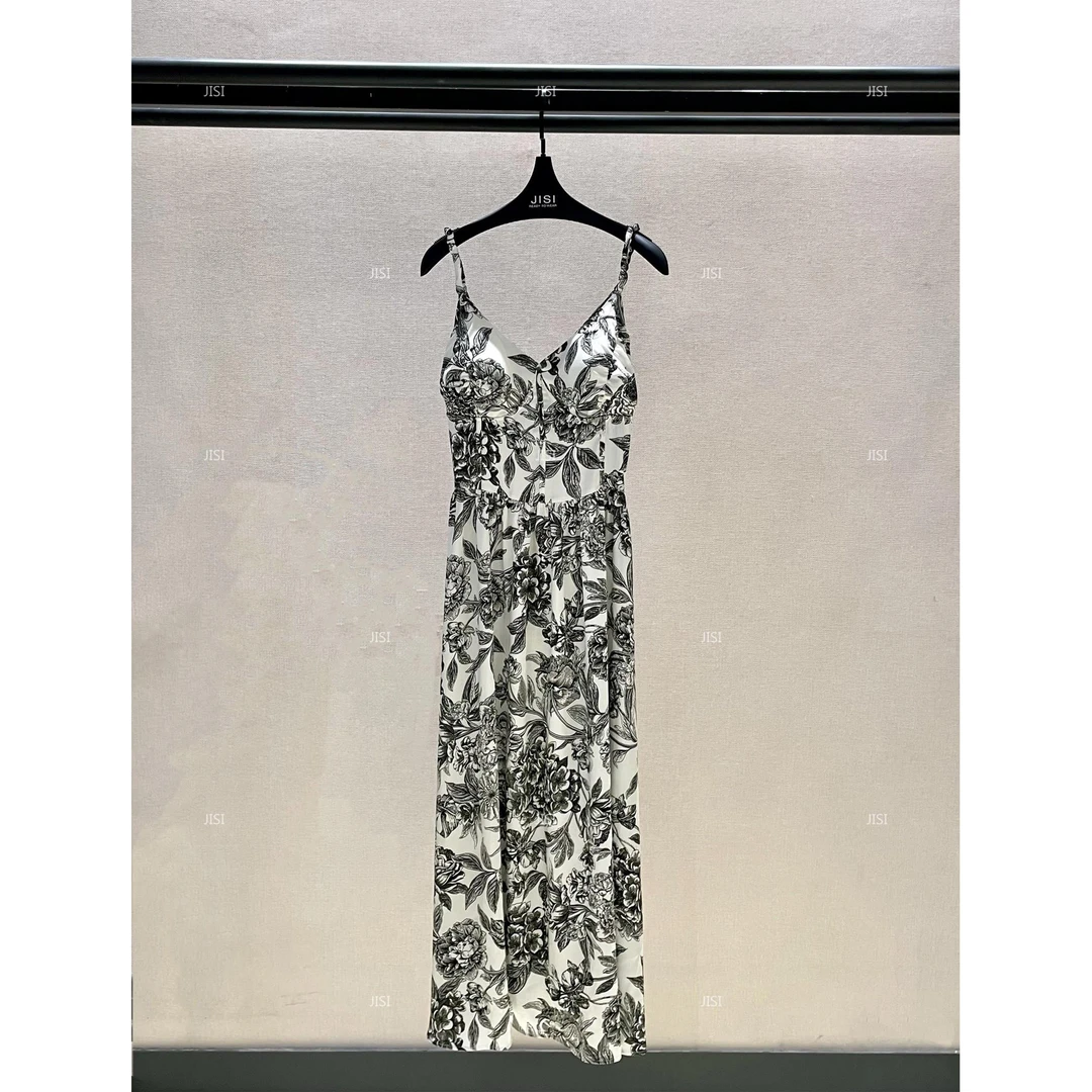 JISI 黑白水墨度假吊带连衣裙