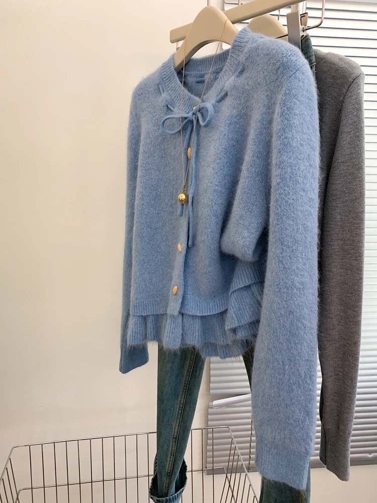 蓝色系带圆领长袖假两件针织毛衣开衫外套女士2025新款设计感上衣