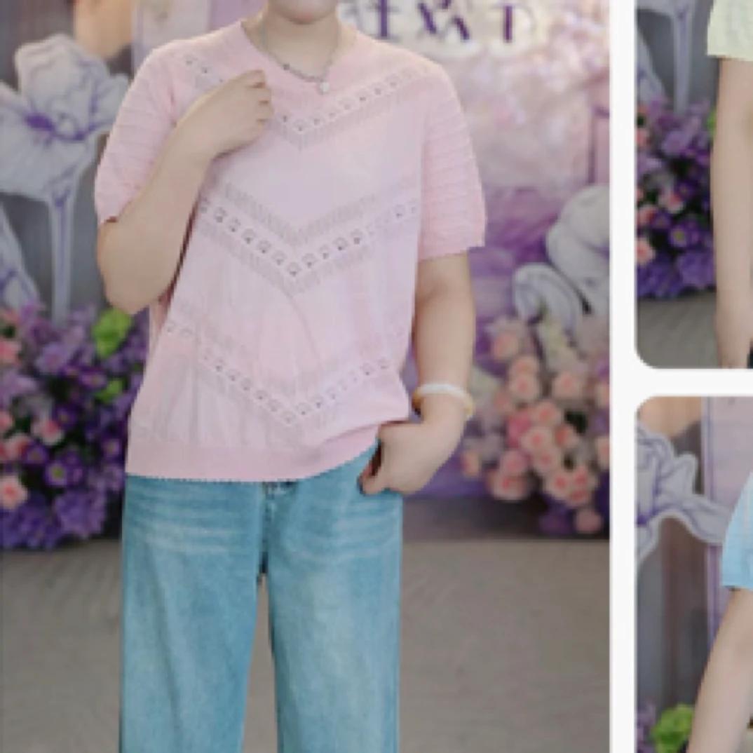 25227（地1）大码女装微胖百搭女装圆领短袖镂空夏季针织衫常规款