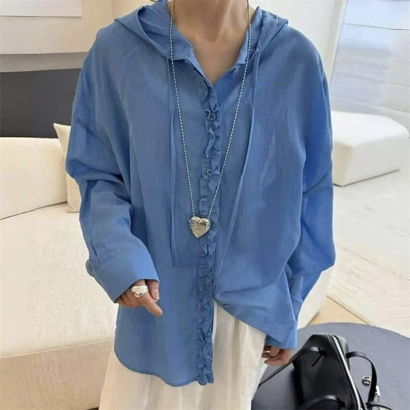 欧货木耳边单排扣门襟连帽衬衫2025春夏新款防晒衫女宽松显瘦上衣