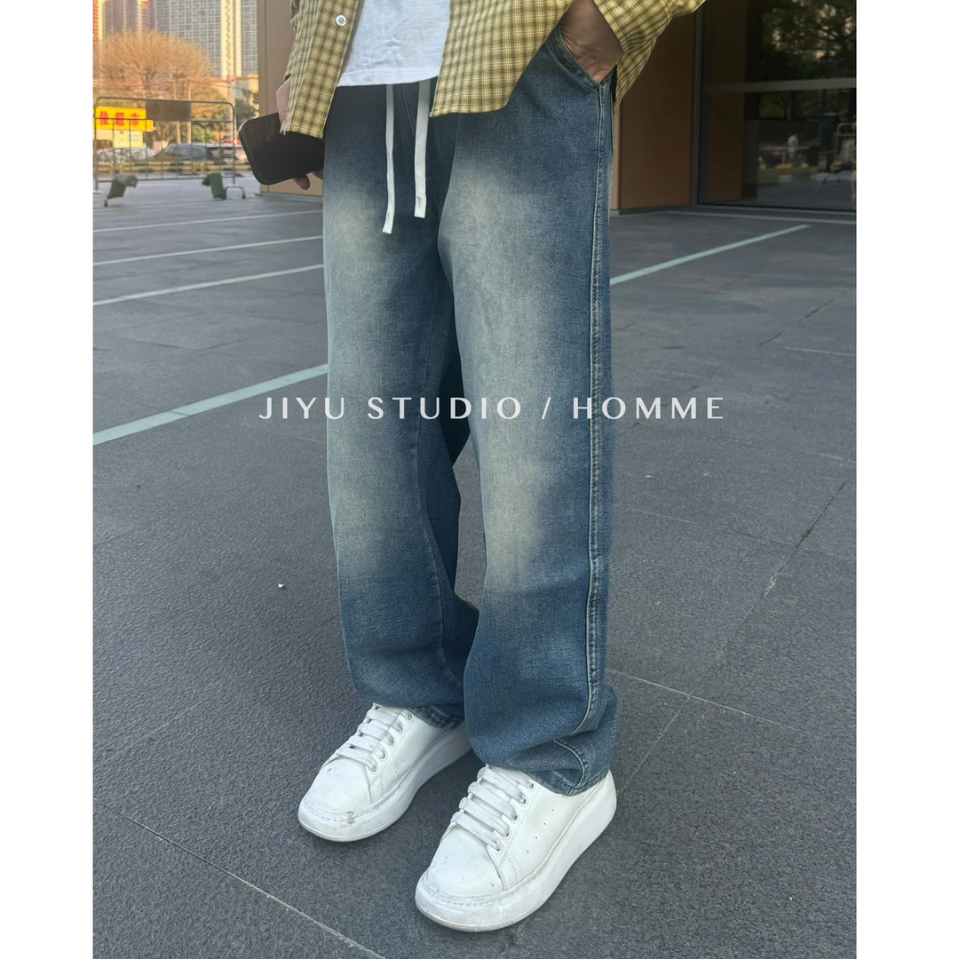 【JIYU软牛仔】春夏新款质感显高百搭休闲水洗抽绳宽松直筒牛仔裤