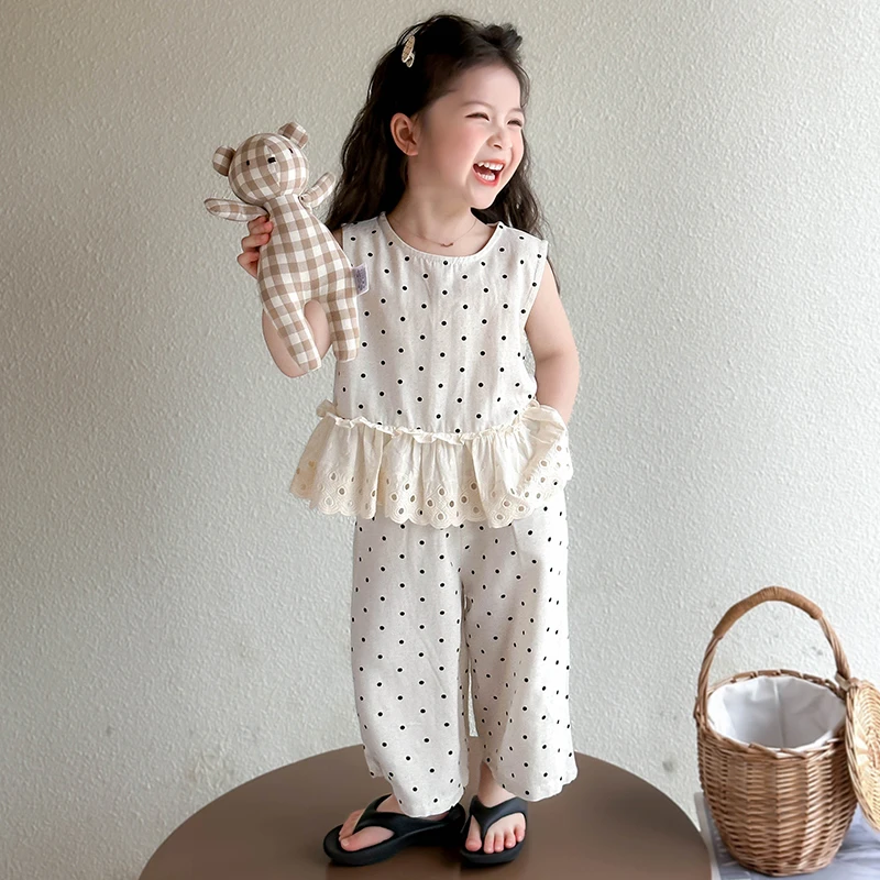 女小童套装夏季时尚圆点背心公主裙女宝宝夏款波点休闲两件套衣服